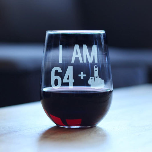 64 + 1 Middle Finger - 65th Birthday Stemless Wine Glass for Women & Men - Cute Funny Wine Gift Idea - Unique Personalized Bday Glasses for Mom, Dad, Friend Turning 65 - Drinking Party Decoration