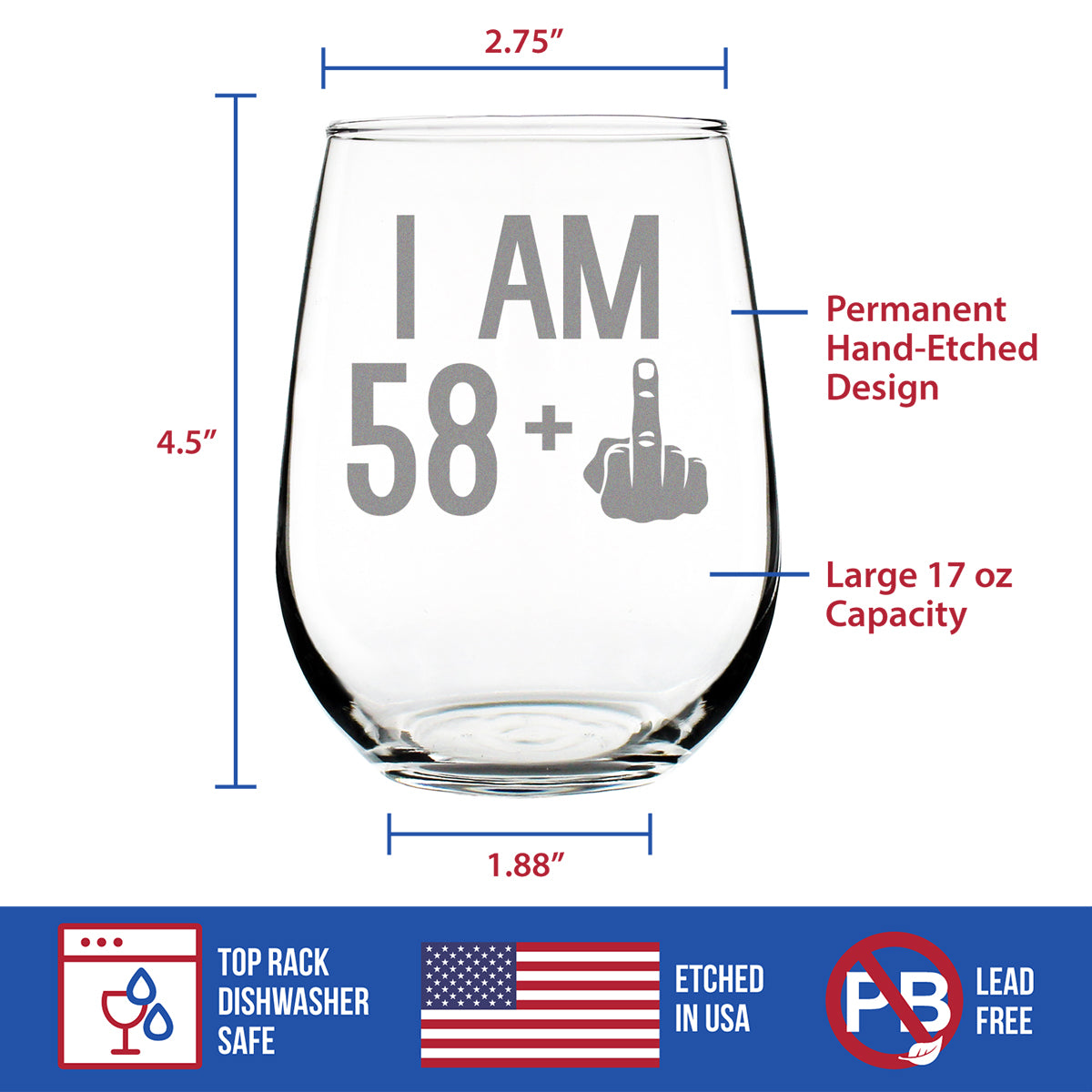 58 + 1 Middle Finger - 59th Birthday Stemless Wine Glass for Women & Men - Cute Funny Wine Gift Idea - Unique Personalized Bday Glasses for Best Friend Turning 59 - Drinking Party Decoration