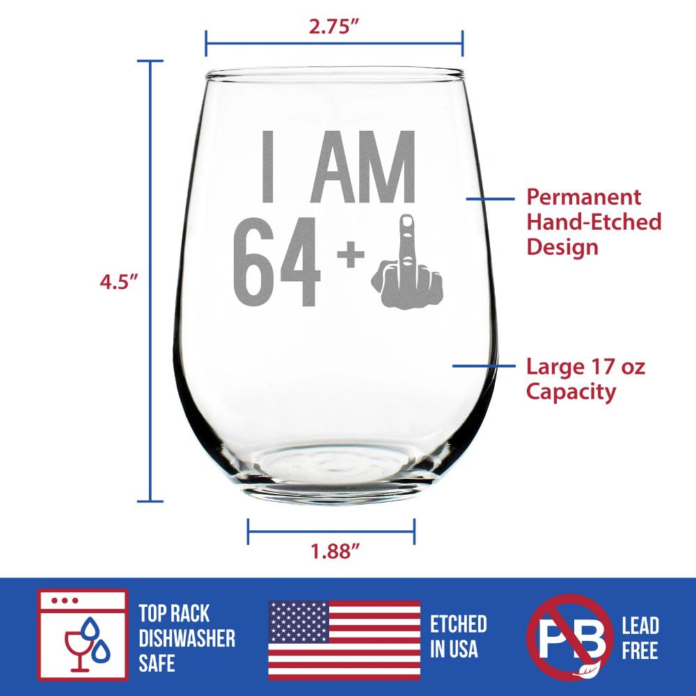 64 + 1 Middle Finger - 65th Birthday Stemless Wine Glass for Women & Men - Cute Funny Wine Gift Idea - Unique Personalized Bday Glasses for Mom, Dad, Friend Turning 65 - Drinking Party Decoration