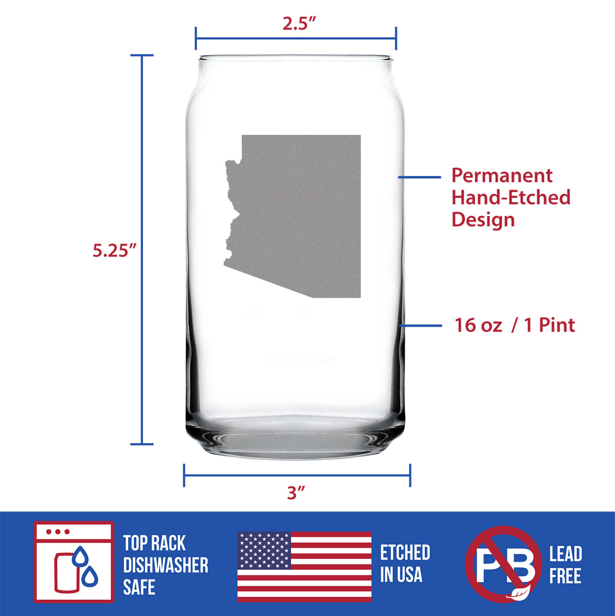 Arizona State Outline Beer Can Pint Glass - State Themed Drinking Decor and Gifts for Arizonan Women & Men - 16 Oz Glasses