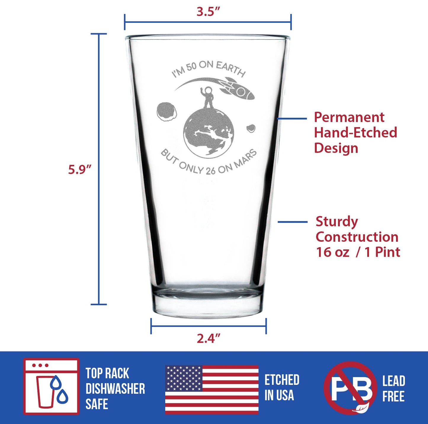 Age on Mars 50 - Pint Glass for Beer - Unique Funny 50th Birthday Gifts for Women and Men - 16 oz Glasses