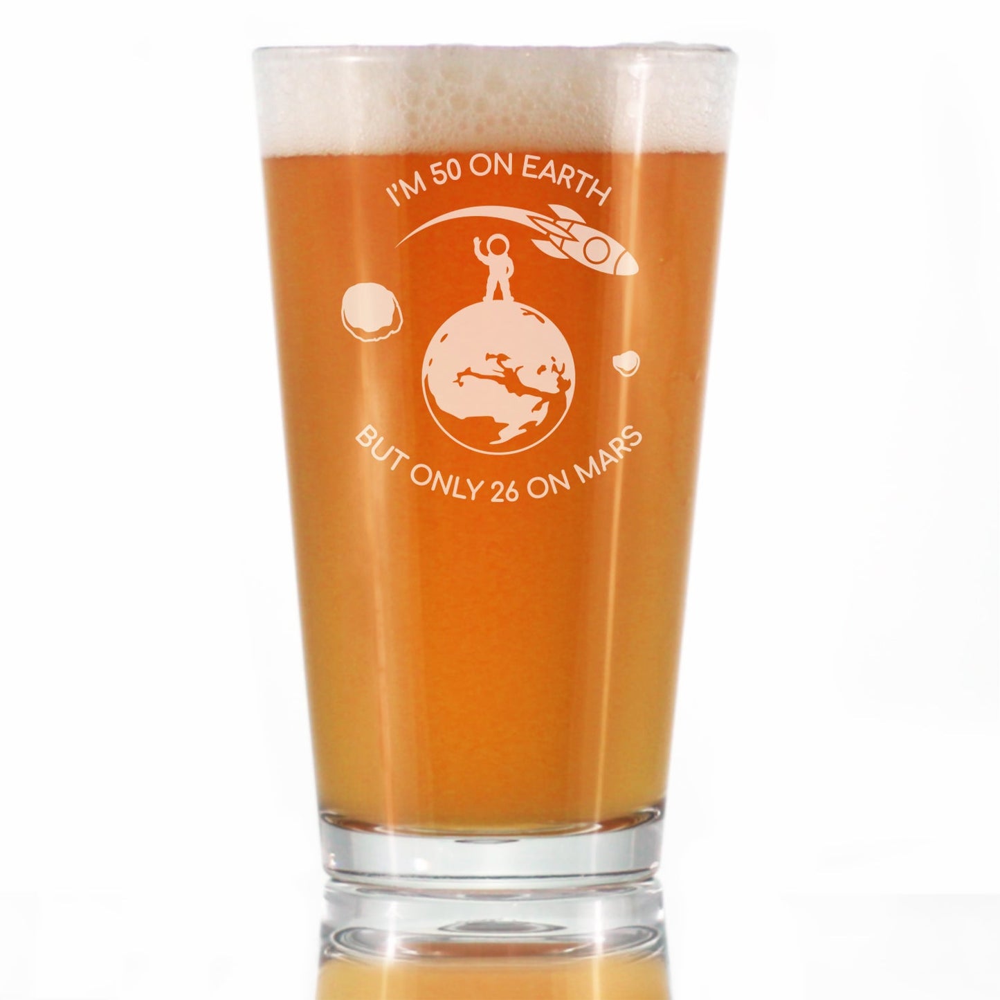 Age on Mars 50 - Pint Glass for Beer - Unique Funny 50th Birthday Gifts for Women and Men - 16 oz Glasses
