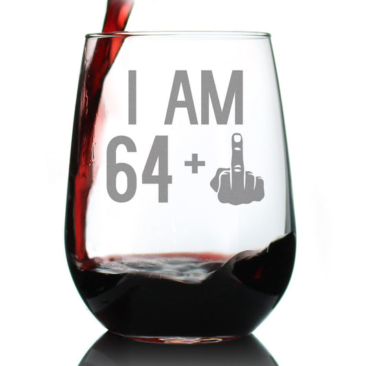 64 + 1 Middle Finger - 65th Birthday Stemless Wine Glass for Women & Men - Cute Funny Wine Gift Idea - Unique Personalized Bday Glasses for Mom, Dad, Friend Turning 65 - Drinking Party Decoration