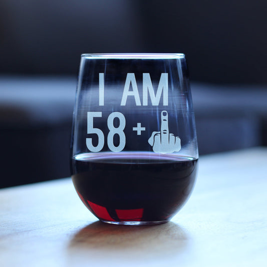 58 + 1 Middle Finger - 59th Birthday Stemless Wine Glass for Women & Men - Cute Funny Wine Gift Idea - Unique Personalized Bday Glasses for Best Friend Turning 59 - Drinking Party Decoration