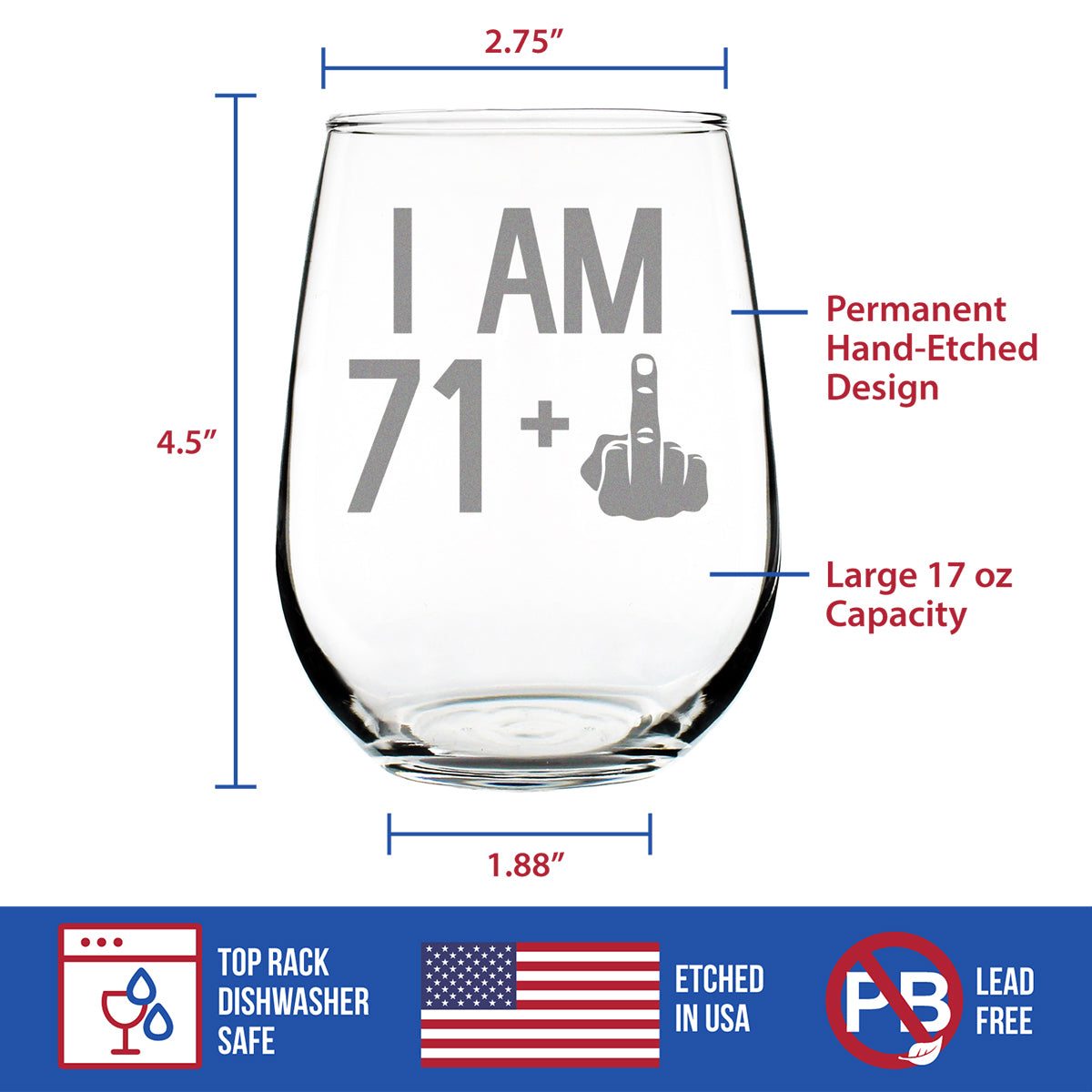 71 + 1 Middle Finger - 72nd Birthday Stemless Wine Glass for Women & Men - Cute Funny Wine Gift Idea - Unique Personalized Bday Glasses for Mom, Dad, Friend Turning 72 - Drinking Party Decoration